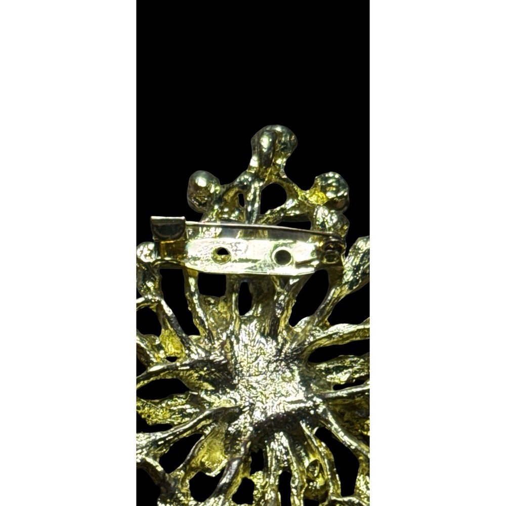 Vintage 1960s Green Rhinestone Atomic Burst Brooch Gold Tone Swedged Mid Century - Picture 4 of 5
